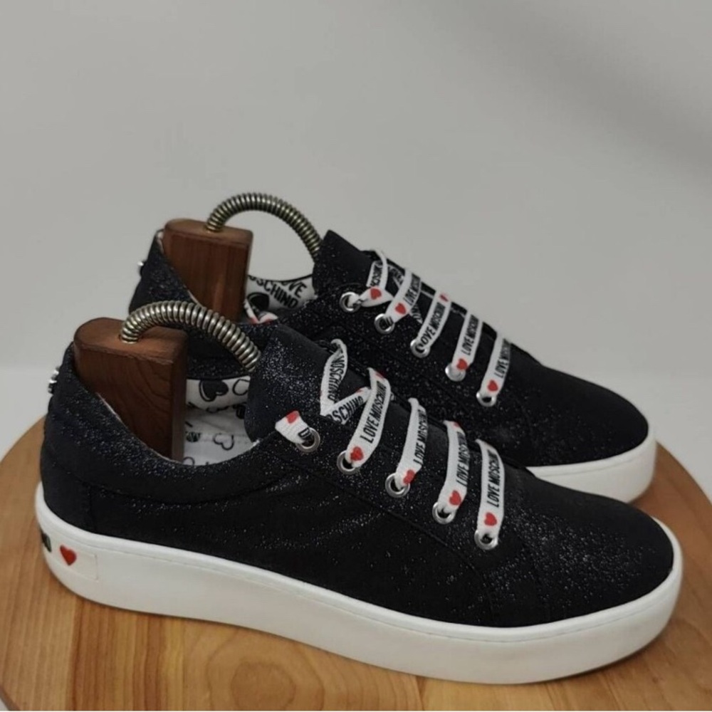 NWOT Cool LOVE MOSCHINO Black Glitter With Monogram Shoe Laces Ladies Size IT|40